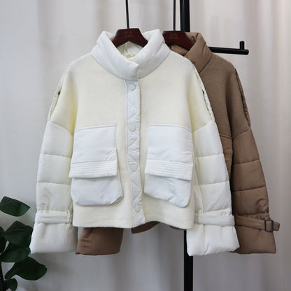 New autumn and winter spliced cotton jacket, knitted cardigan, thickened and loose, with a stylish design, stand up collar sweater jacket for women