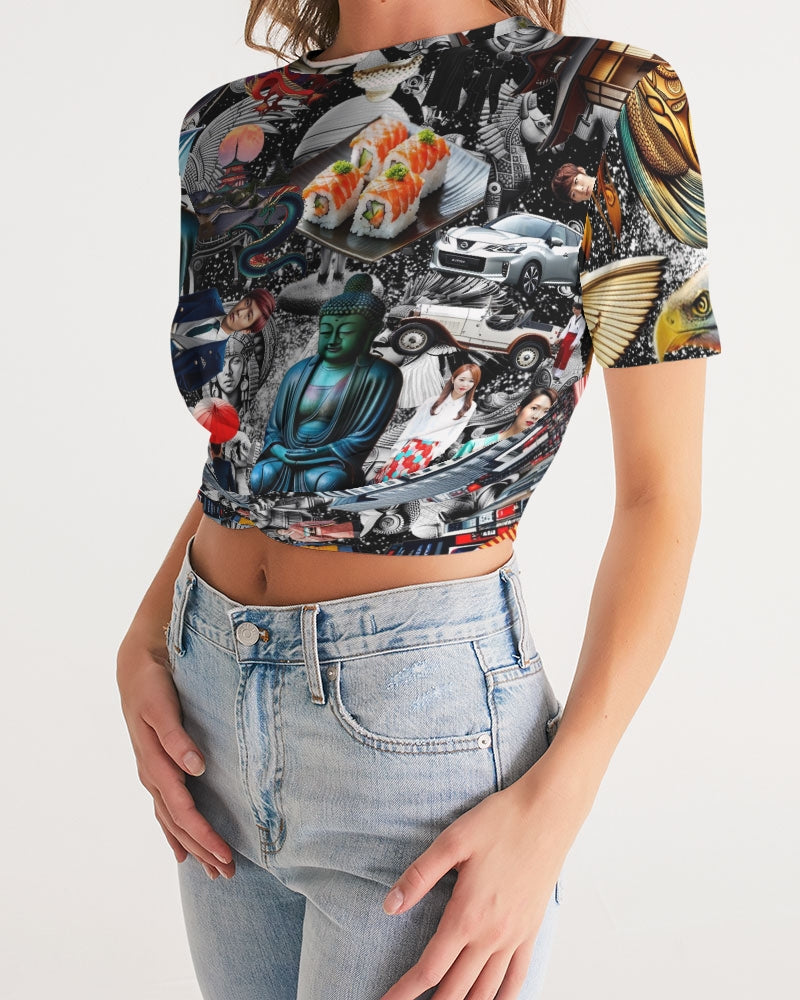 Trendy Abstrak Pattern Women's All-Over Print Twist-Front Cropped Tee