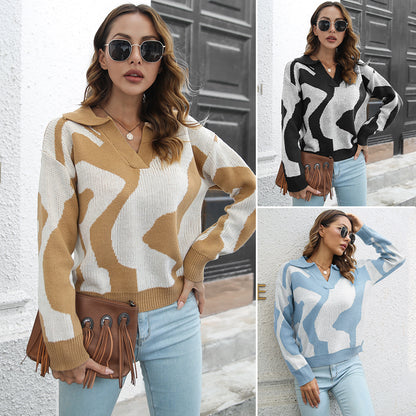 European and American women's autumn winter tie-dye jacquard lapel loose long-sleeved knitted sweater