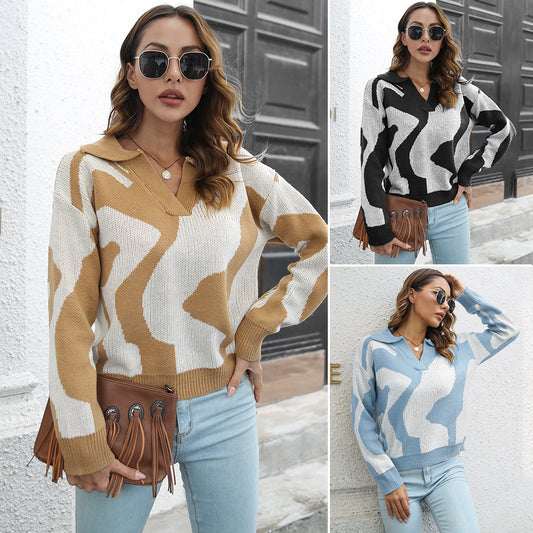 European and American women's autumn winter tie-dye jacquard lapel loose long-sleeved knitted sweater