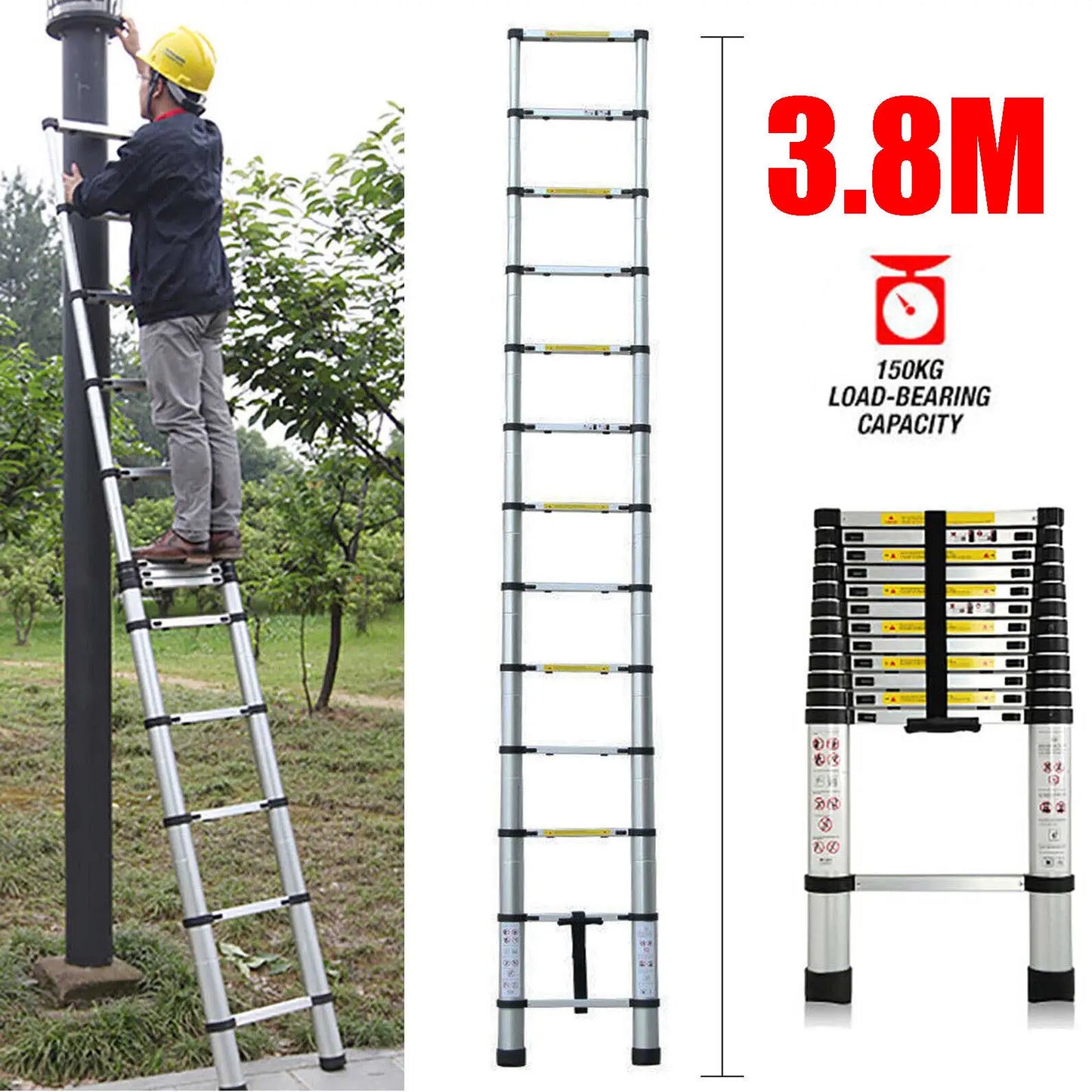 DayPlus 2.6M-5M Telescopic Ladder Sturdy Aluminum Telescoping Extension Ladder 330lb Max Load EN131 for Household Outdoor Work