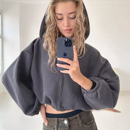 Casual Solid Color Hooded Short Jacket Y2K Fashion Sports Sweatshirt Long Sleeve Zip Up Cardigan Hoodies Women's Clothing