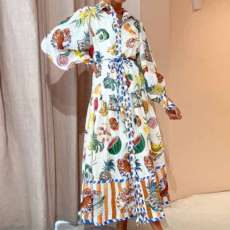 Print Holiday Women Beach Dress With Belts A-Line Long Lantern Sleeve Single Breasted Lapel Seaside Dresses Robe