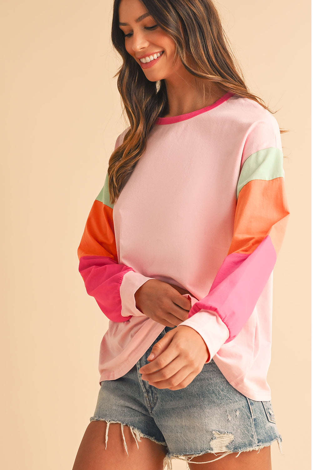 Light Blue Color Block Sleeve Loose Fit Top