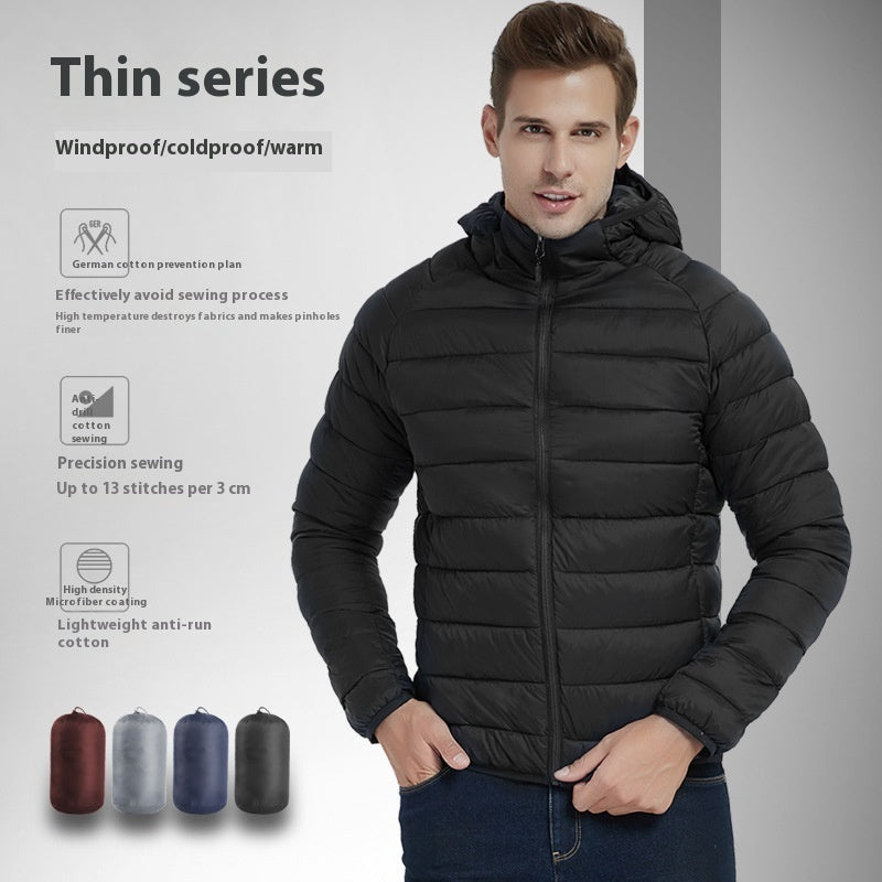 Men's Lightweight Hooded Coat Winter Warm Solid Color Zipper Jacket Fashion Portable Outerwear Top Clothing