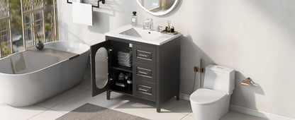 30" Bathroom Vanity with Sink, Bathroom Vanity Cabinet with Two Drawers and Door, Adjustable Shelf, Solid Wood and MDF, Black