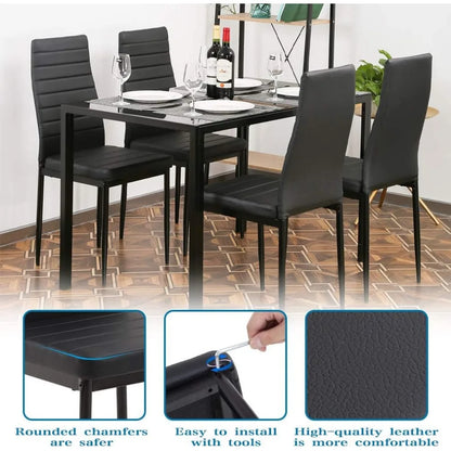 Dining table set, small space glass kitchen table and chair for 4 people, rectangular modern home furniture (black glass)