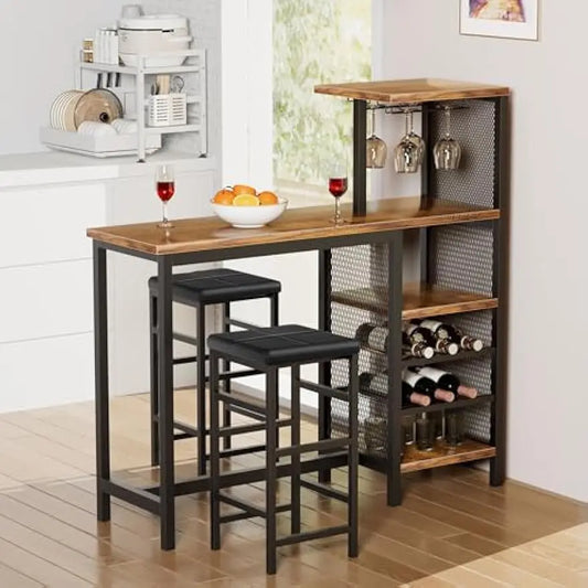 Bar Table and Chairs Set for 2 Tall Kitchen Counter Dining with Storage Shelves, Cup Holder & Wine Rack, PU Leather Cushion