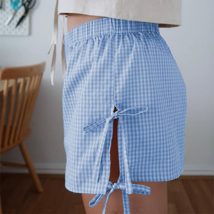 Loose Plaid Print Shorts With Lace-up Design Summer Fashion Y2K Elastic Band Pants For Women