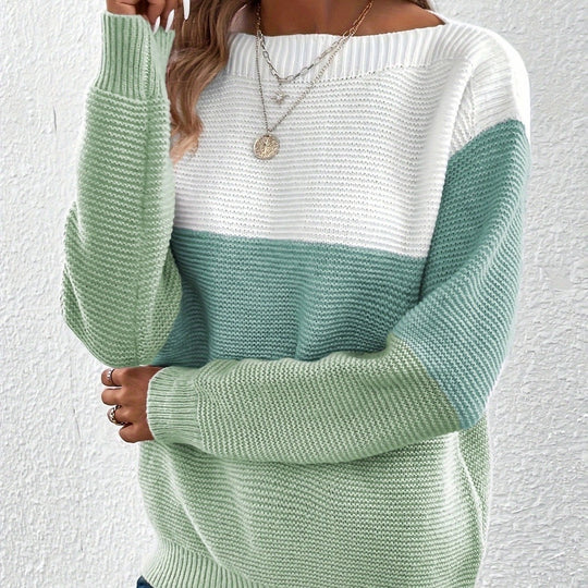 Pullover Knitted Sweater Fashion Round Neck Splicing Knitwear Loose Top Women's Clothing