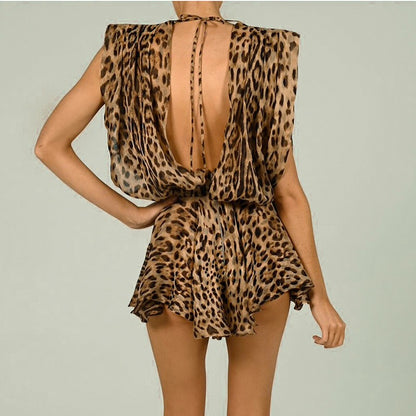 Leopard print sleeveless low cut sexy strap dress