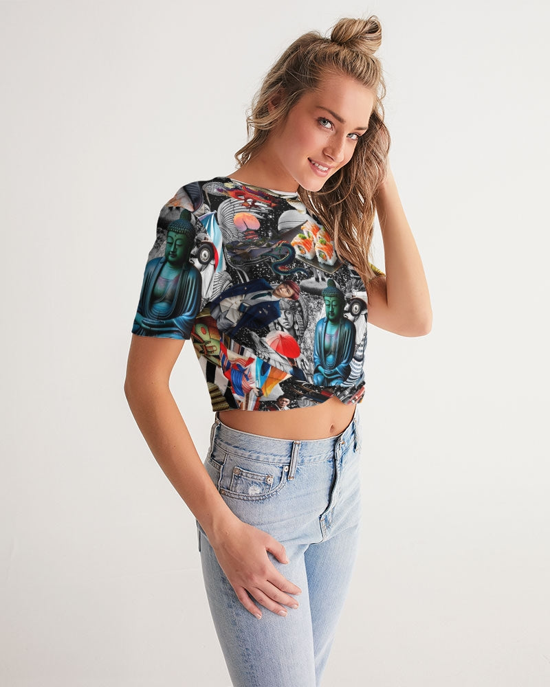 Trendy Abstrak Pattern Women's All-Over Print Twist-Front Cropped Tee