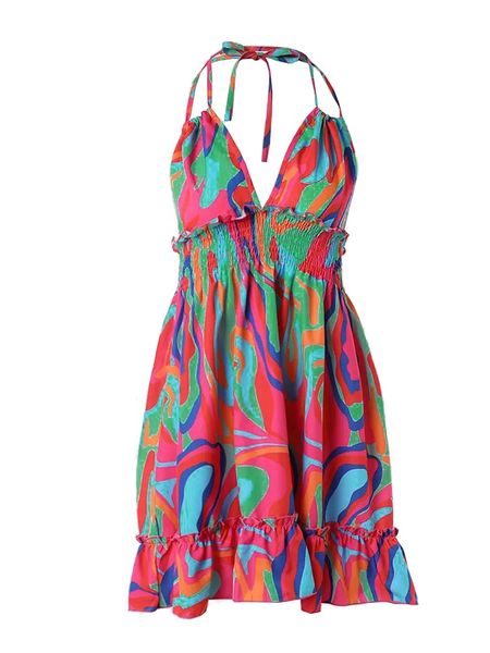 Deep V Neck Halter Printed Backless Dresses HEHEZ54W29