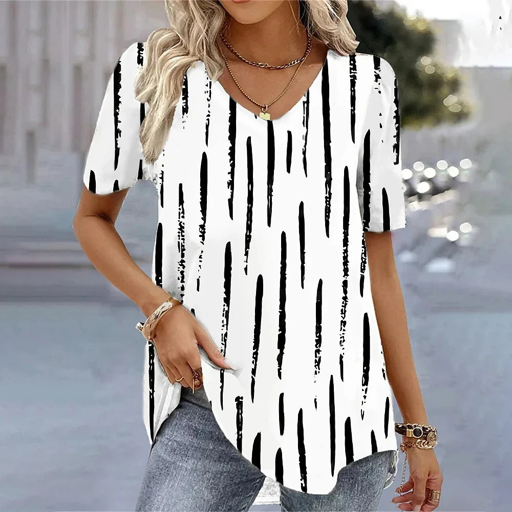 Fashion Woman Blouses 2024 T-shirt Women's 3d Flower Print White Kawaii V-neck T Shirt Female Clothing Oversized Summer Tops Tee