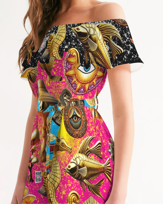 Eye and Face Abstrak Women's All-Over Print Off-Shoulder Dress