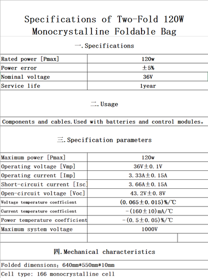 Foldable photovoltaic panel, monocrystalline 120W