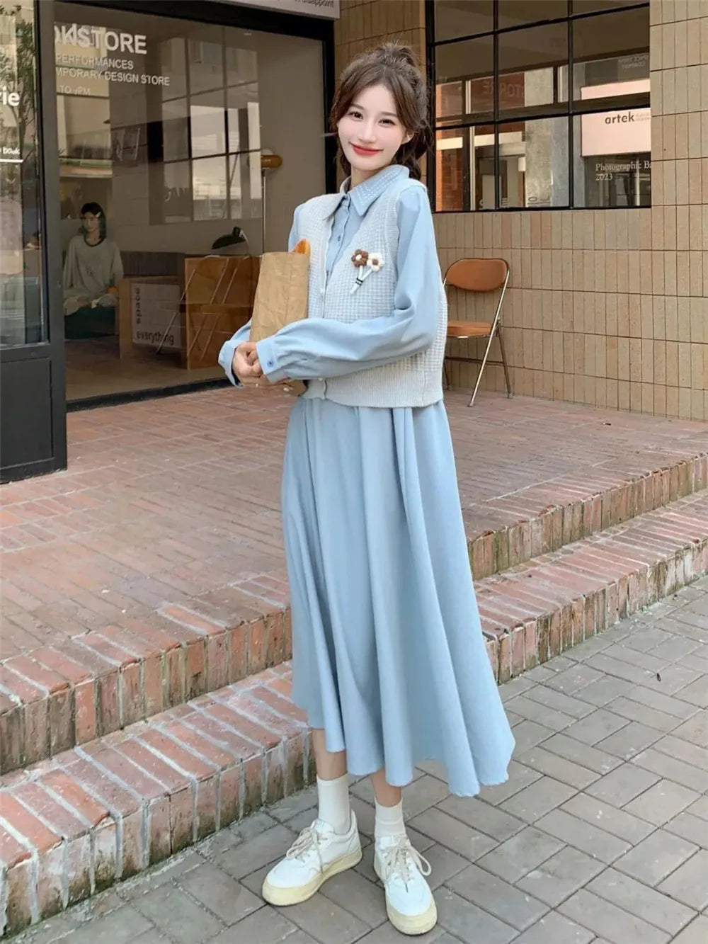 Blue Midi Length Dresses Long Sleeves Wedding Party Dress Sets Clothes For Women Basic Women'S Skirt Vintage Clothing Korean