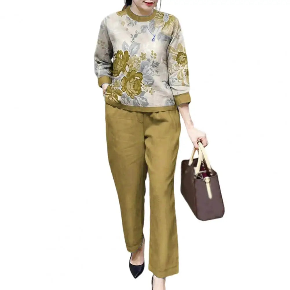 Fashion Women Loose Print Set Female Cotton Linen Outfits Commuter Elegant O-Neck Long Sleeve Tops Shirt And Straight Pants Suit