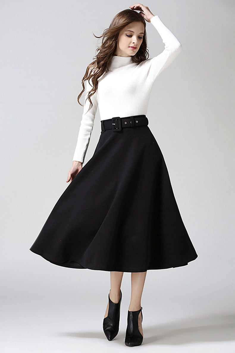 Fashion Temperament Women's Solid Color Woolen Skirt