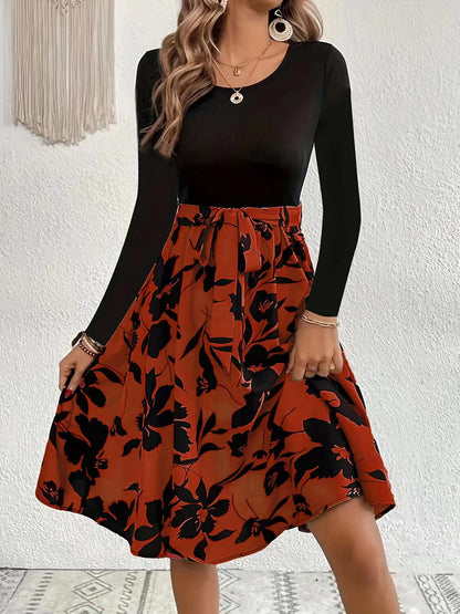 Floral Print Long Sleeve Dress Fashion Round Neck Tie Slim Dress Women's Clothing