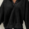 Black Solid Snap Buttons Collared Balloon Sleeve Oversized Sweatshirt