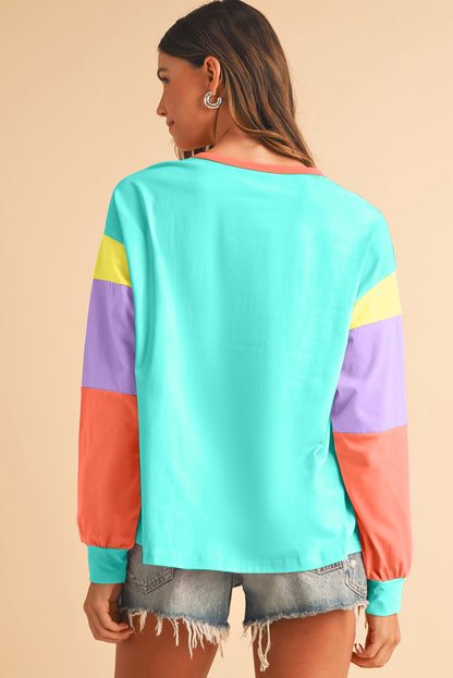 Light Blue Color Block Sleeve Loose Fit Top