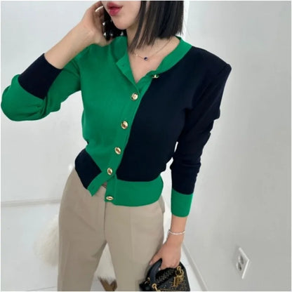 Korean Styllish Chic Cardigan Sweater Women Color-blocked Gold Buttons Workwear Tops Knitwear Long Sleeve Elegant Ladies Jumpers