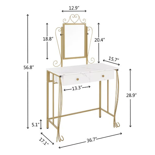 Vanity Table Set With Mirror & Stool,White Makeup Dressing Desk With Drawers For Girls,Women,Bedroom