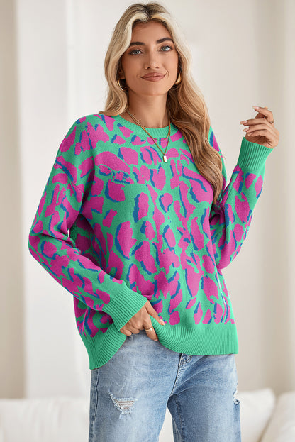 Green Abstract Print Ribbed Trim Baggy Sweater