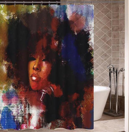 Art Design Graffiti Art Hip Hop African Girl with Black Hair Big Earring with Modern Building Shower Curtain for Bathroom Decor