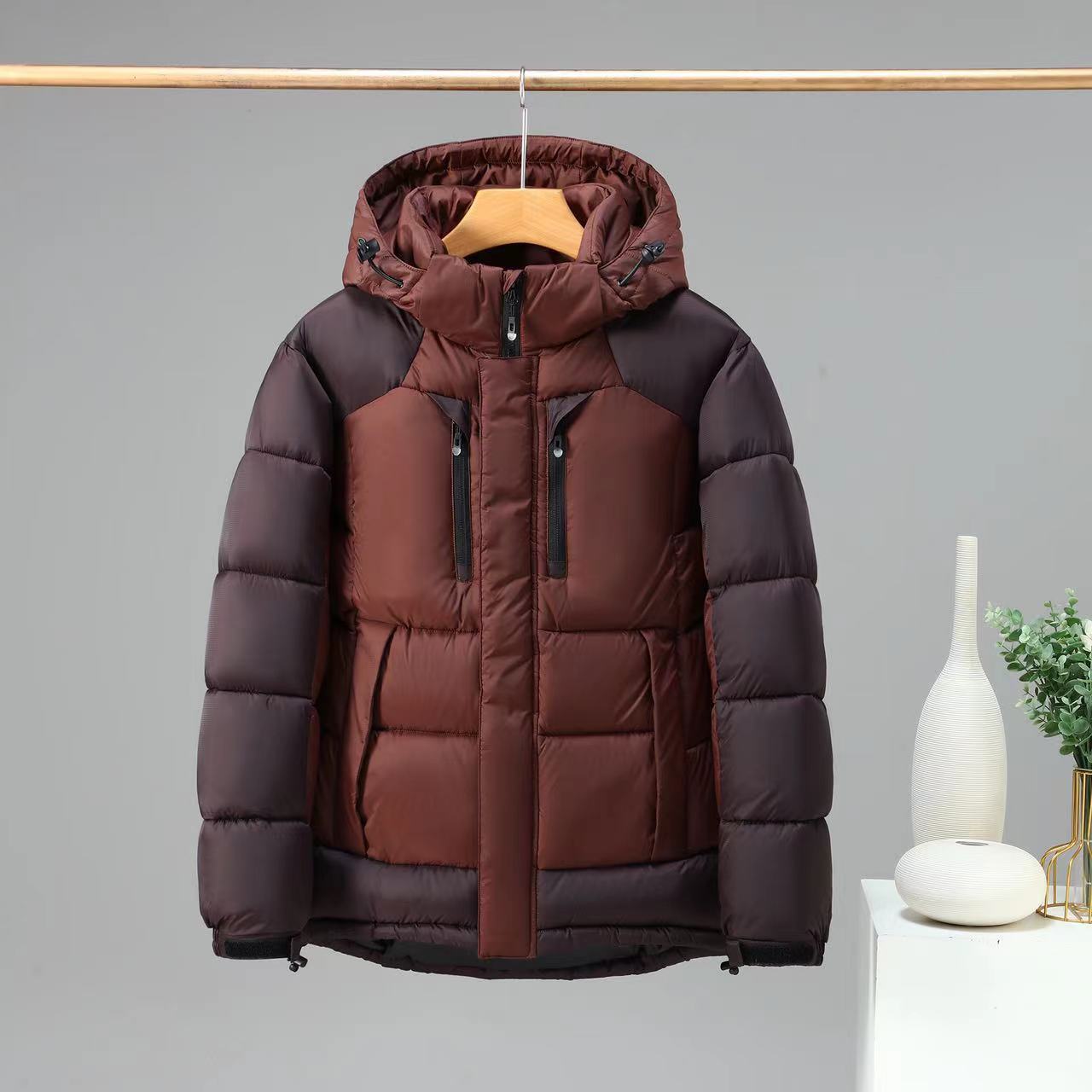 Winter Warm Color Blocked Hoodie Detachable Down Cotton Jacket Coat