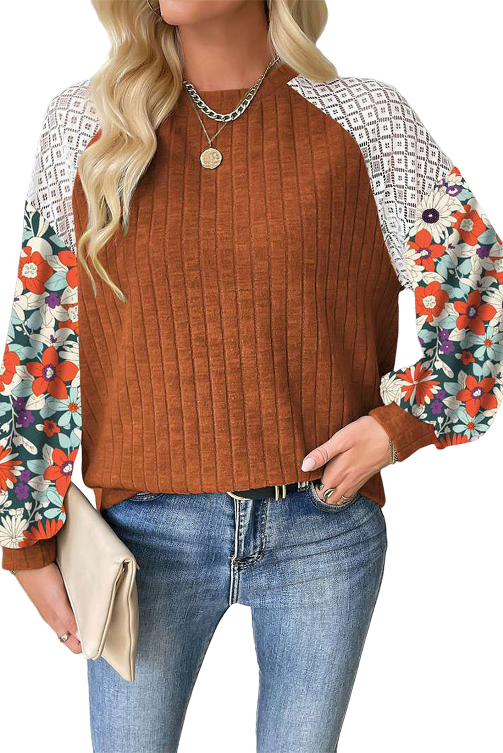 Black Floral Patchwork Raglan Sleeve Ribbed Top