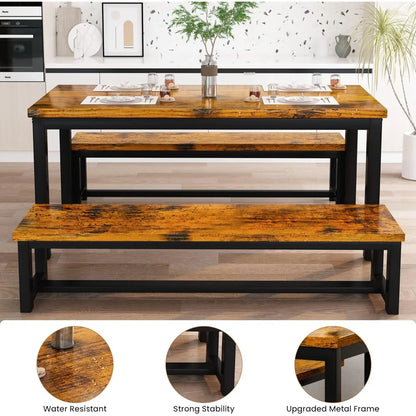 Dining Room Table Set, Kitchen Set with 2 Benches, Ideal for Home, and Room of 43.3x23.6x28.5 inches, Benches 38.5x11.8x17.5