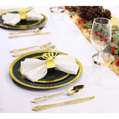 102PCS Emerald Green and Gold Plastic Plates - Premium Quality Dinnerware Set for Wedding & Party