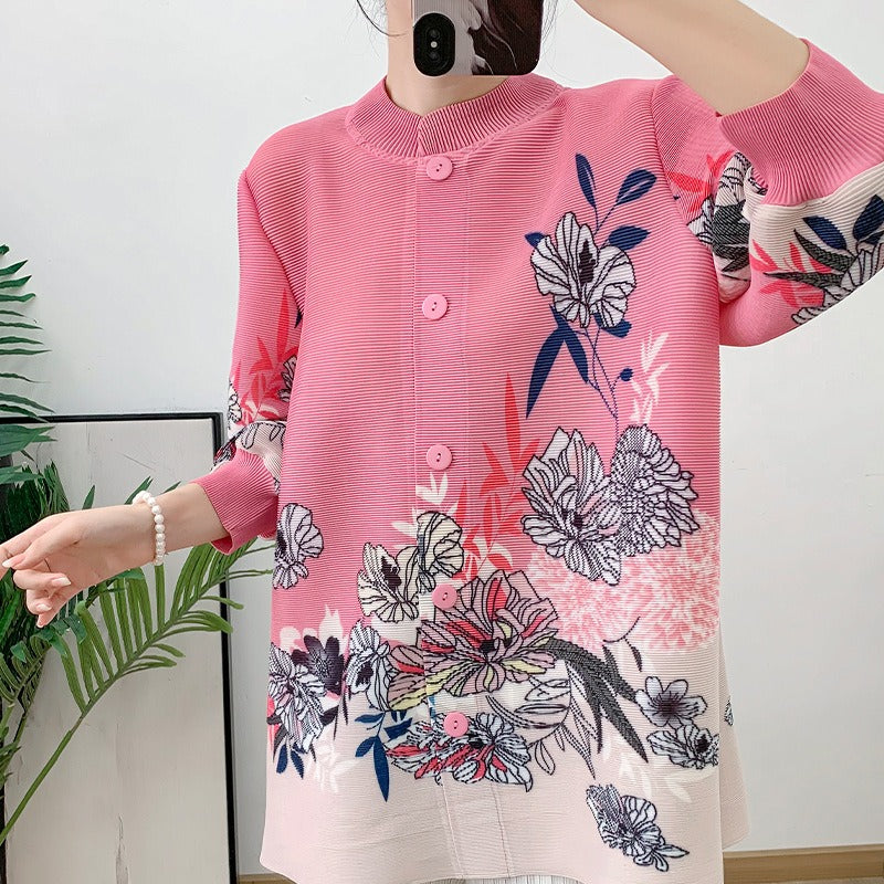 Pink pleated loose short top outerwear shirt for women