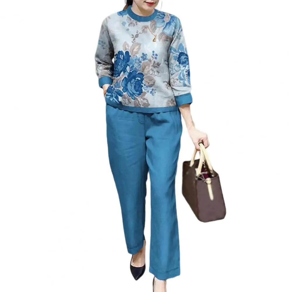 Fashion Women Loose Print Set Female Cotton Linen Outfits Commuter Elegant O-Neck Long Sleeve Tops Shirt And Straight Pants Suit