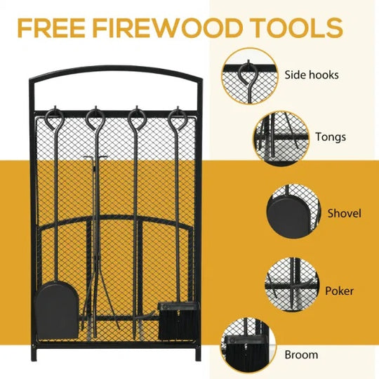 HOMCOM Firewood Rack With Fireplace Tools, Indoor Outdoor Firewood Holder For Fireplace, Wood Stove, Hearth Or Fire Pit, Wood Storage Log Rack Includes Poker, Tongs, Broom, Shovel, Black