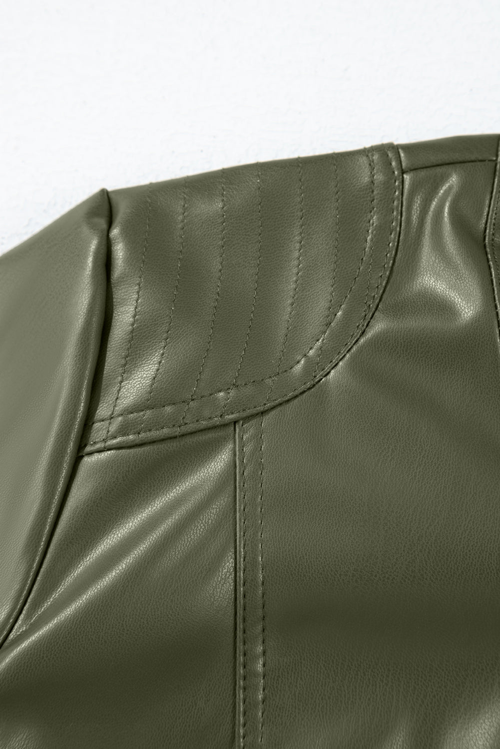 Sage Green Solid Faux Leather Zipper Slim Fit Bomber Jacket