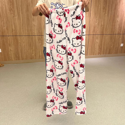 2024 Sanrio Hello Kitty Pajamas Halloween Flannel Anime Cartoon  Fashion Trouserswomen Kawaii Woolen  Casual Home Pants Trousers