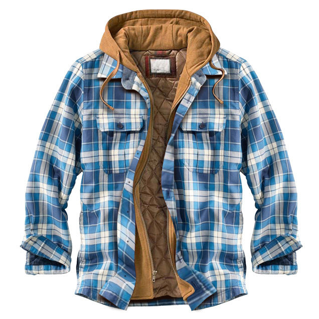 Men's Casual Check Long Sleeve Hooded Jacket