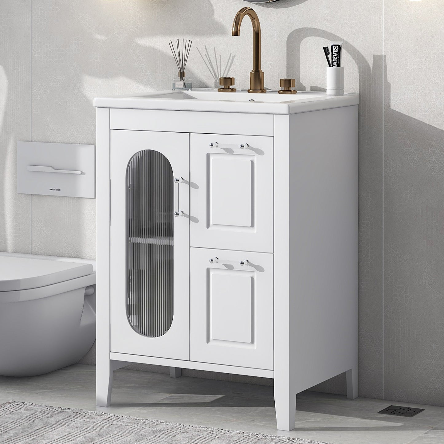 24" Bathroom Vanity with Sink, Bathroom Vanity Cabinet with Two Drawers and Door, Adjustable Shelf, Solid Wood and MDF, White