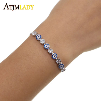 2024 New Arrival Adjust Turkish Tennis Chain Bracelet Women Luxury Round Blue Eyes Clear Cubic Zircon AAA+ Cz Wedding Jewelry