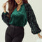 Evergreen Sequin Patchwork Sleeve Button Up Velvet Top