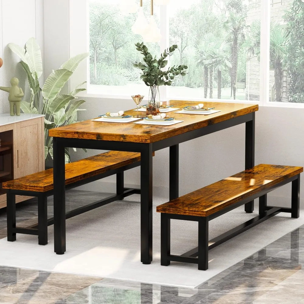 Dining Room Table Set, Kitchen Set with 2 Benches, Ideal for Home, and Room of 43.3x23.6x28.5 inches, Benches 38.5x11.8x17.5