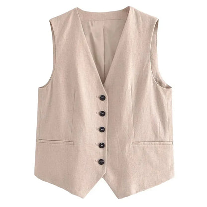 TRAFZA Women Pant Sets Vintage Solid Single Breasted V Neck Waistcoat Tops + Slim Zipper Fly Shorts Summer Office Lady Suits