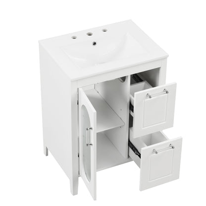 24" Bathroom Vanity with Sink, Bathroom Vanity Cabinet with Two Drawers and Door, Adjustable Shelf, Solid Wood and MDF, White