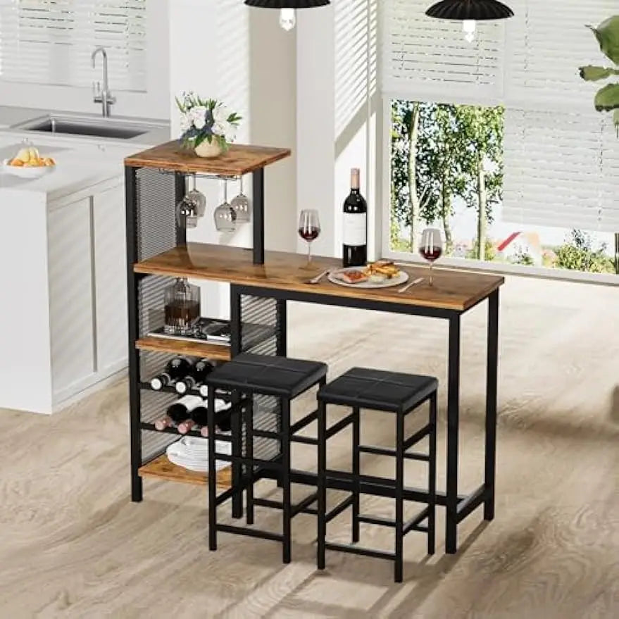 Bar Table and Chairs Set for 2 Tall Kitchen Counter Dining with Storage Shelves, Cup Holder & Wine Rack, PU Leather Cushion