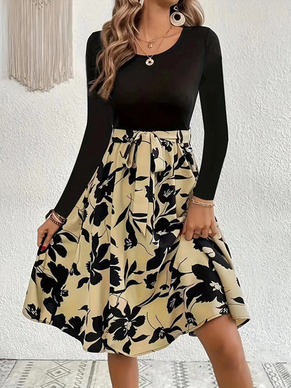 Floral Print Long Sleeve Dress Fashion Round Neck Tie Slim Dress Women's Clothing