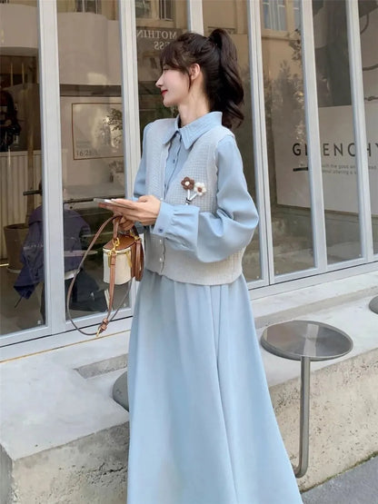 Blue Midi Length Dresses Long Sleeves Wedding Party Dress Sets Clothes For Women Basic Women'S Skirt Vintage Clothing Korean