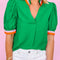 Bright Green Colorful Stripe Trim V Neck Puff Sleeve Blouse